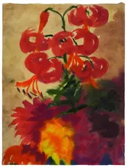 Emil Nolde, Rote Dahlien und Feuerlilie (Red Dahlias and Tiger Lily), Watercolor and partially body colors on thin Japan laid paper