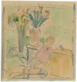 Henri Lebasque, Fillette jouant, Watercolor over blue crayon drawing on ivory colored thin drawing paper