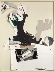 Felix Droese, Aus Sprachverwirrung (from linguistic confusion), Collage of black and grey cardboard elements, photography and partially printed papers overworked with oil and felt tip pen and mounted together with staples approx