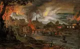 Pieter Schoubroeck, THE BURNING OF TROY, Oil on panel
