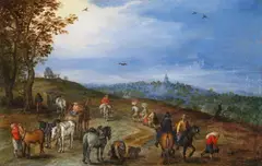 Jan Brueghel the Elder, WIDE LANDSCAPE WITH CART, RIDERS AND WANDERERS, Oil on copper