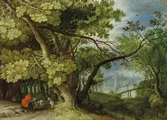 Jan Brueghel the Elder, WOODED LANDSCAPE WITH HUNTESMAN, DOGS AND VIEW ON A TOWN, Oil on copper