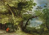 Jan Brueghel the Elder, WOODED LANDSCAPE WITH HUNTESMAN, DOGS AND VIEW ON A TOWN