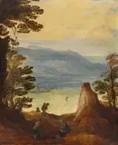 LANDSCAPE WITH PEASANTS by circle of Joos de Momper, Oil on panel, sold Nov 2010