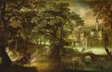 Flemish School Early 17th century, WOODED LANDSCAPE WITH DEER HUNT AND MOATED CASTLE, Oil on panel