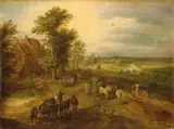 VILLAGE WITH TRAVELLERS AND PEASANTS by follower of Jan Brueghel the Elder, Oil on panel, sold Nov 2010