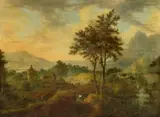 MOUNTAINOUS LANDSCAPE by in the manner of H. Saftleven Netherlandish School, Oil on panel (parquetted), sold Nov 2010