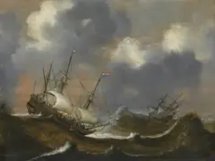 Claes Claesz. Wou, BATTLE SHIPS IN A STORMY SEA, Oil on panel