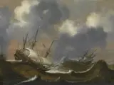 Claes Claesz. Wou, BATTLE SHIPS IN A STORMY SEA, Oil on panel