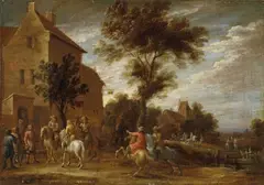 Lambert de Hondt, VILLAGE WITH HORSEMEN, Oil on canvas