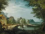Flemish School 17th century, LANDSCAPE OF A VILLAGE WITH RIVER AND BRIDGE