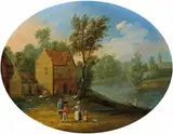 Jan Pieter van Bredael, SMALL RIVER LANDSCAPE WITH TIMBERED HOUSE AND STAFFAGE, Oil on copper