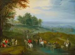 Charles (Karel) Beschey, HILLY LANDSCAPE WITH TRAVELLERS WIDE LANDSCAPE WITH TRAVELLERS CROSSING A PASAGE, Oil on panel