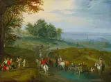 Charles (Karel) Beschey, HILLY LANDSCAPE WITH TRAVELLERS WIDE LANDSCAPE WITH TRAVELLERS CROSSING A PASAGE, Oil on panel