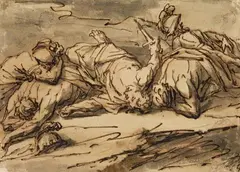 Pieter Rijsbraeck, WOUNDED SOLDIER, Pen and brush and brown ink, red chalk