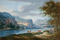 Jakob Rieger, TWO RIVER LANDSCAPES WITH SHEPHERDS, Watercolour on paper