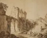 Jacob Wilhelm Mechau, RESTING PEASANTS AT HTE COLOSSEUM, Pen and brush and brown ink