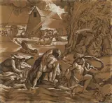 Joseph von Führich, THE DELUGE, Pen and brown ink, heightened with white on brown paper