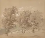 Georg Heinrich Crola, WOODES LANDSCAPE WITH SHEPHERD, Pencil and brush on colour paper