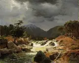 Andreas Achenbach, NORWEGEAN LANDSCAPE WITH TORRENT AND FOX