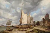 attributed to Julius von Leypold, VIEW OF AN HARBOUR WITH BARGES, Oil on canvas, mounted on wood