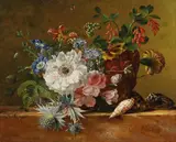Elisabeth Johanna Koning, FLOWER STILL LIFE WITH THISTLE AND SHELLS, Oil on panel
