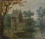 Flemish School 17th century, RIVER LANDSCAPE WITH HOUSE AND FIGURAL STAFFAGE