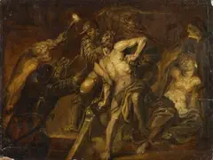 Flemish School 17th century, BLINDING OF SAMSON, Oil on panel
