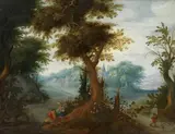 WOODED LANDSCAPE WITH FIGURAL STAFFAGE by circle of Abraham Govaerts, Oil on panel (parquetted), sold Sep 2010