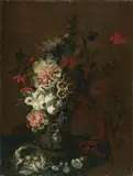 Johann Martin Metz, FLOWER STILL LIFE WITH BIRD NEST, Oil on canvas (relined)
