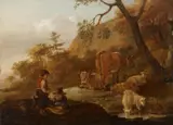Netherlandish School 17th century, LANDSCAPE WITH TOW CHILDREN AND ANIMALS