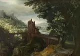LANDSCAPE WITH BRIDGE AND RUINS by circle of Anton Mirou, Oil on panel, sold Sep 2010