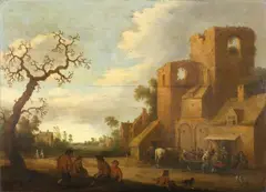 Netherlandish School second half 17th century, PEASANTS IN FRONT OF A TAVERN, Oil on panel