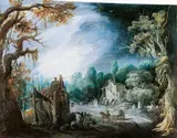 Pieter Stalpaert, WOODED LANDSCAPE WITH ARCHITECTURAL AND FIGURAL, Oil on panel