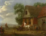 attributed to Pieter Wouwerman, HORSES AT A WATERING PLACE, Oil on canvas (relined)