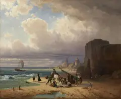 Eugen Adam, COASTAL LANDSCAPE WITH FIGURAL STAFFAGE, Oil on canvas