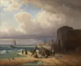 Eugen Adam, COASTAL LANDSCAPE WITH FIGURAL STAFFAGE, Oil on canvas