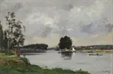Hippolyte Camille Delpy, RIVER LANDSCAPE WITH BOATS, Oil on panel