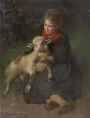 GIRL WITH SHEEP by Rudolf Epp, Oil on hardboard, sold Sep 2010