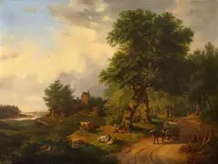 LANDSCAPE WITH HERDSMAN AND CART by Barend Hendrik Koekkoek, Oil on canvas, sold Sep 2010