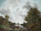 Adrianus van der Koogh, DUTCH RIVER LANDSCAPE WITH CASTLE, WINDMILL AND CATTLE, Oil on canvas (relined)
