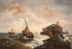 SAILING SHIPS ON A STORMY SEA IN FRONT OF A PIER by François Musin, Oil on canvas (relined), sold Sep 2010
