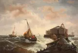 François Musin, SAILING SHIPS ON A STORMY SEA IN FRONT OF A PIER, Oil on canvas (relined)
