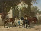 Franz Quaglio, FOUR SATTLED HORSES IN FRONT OF A GATE, Oil on panel