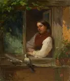 Philipp Rumpf, CHRISTINE RUMPF AT THE WINDOW WITH TWO DOVES, Oil on canvas
