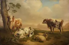 Abraham B. van Worrell, LANDSCAPE WITH COWS AND SHEEPS, Oil on canvas (relined)