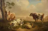 Abraham B. van Worrell, LANDSCAPE WITH COWS AND SHEEPS, Oil on canvas (relined)