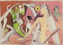 Strandscene (Beach Scene) by Max Ackermann, Oil tempera over black crayon on wood, sold Jun 2010