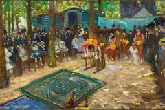 Richard Bloos, Strassengaukler (Street acrobats), Oil on canvas