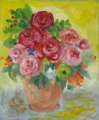 Natalia Goncharova, Vase de Fleurs, Oil on blue wove paper